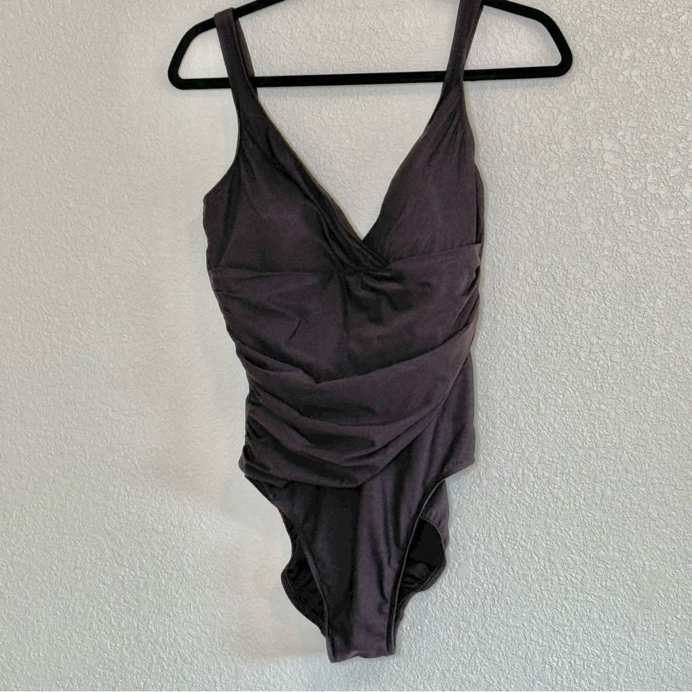 TRIMSHAPER Swimsuit 14 Brownβ One-Piece Allover Control Ruched Center Panel